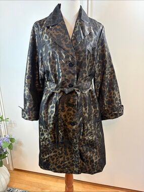 Dennis for Dennis Basso Leopard-Print Coated Trench Rain Coat - Black & Brown M
